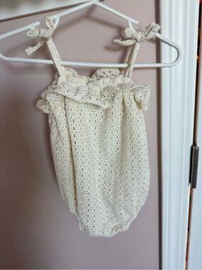 Rylee + Cru Ivory Crochet Tie-Shoulder Baby One-Piece